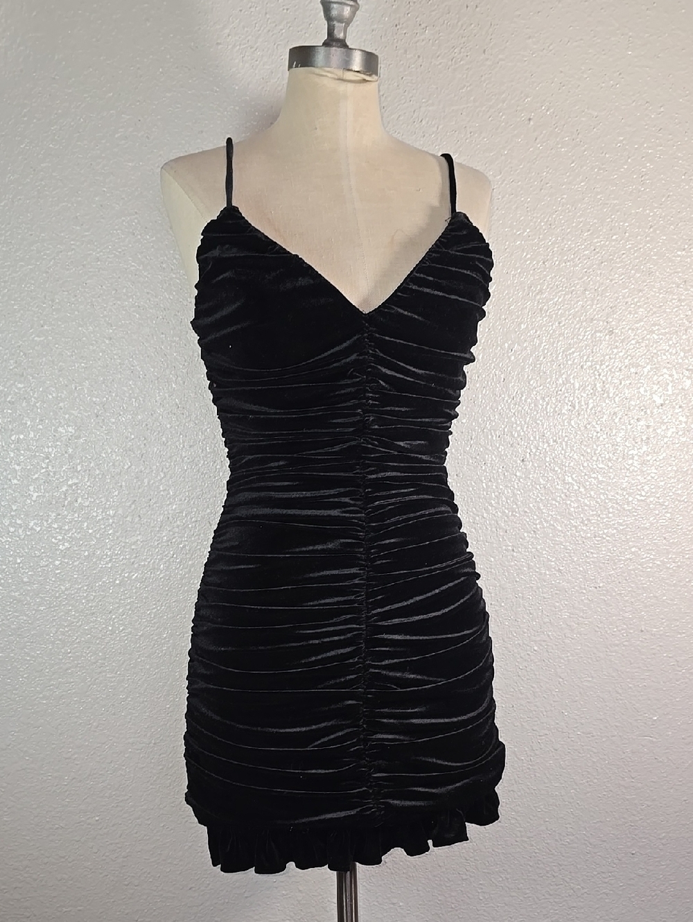 Zara Black Ruched Velvet Spaghetti Strap Mini Dress